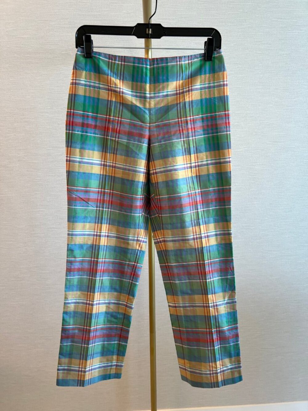 Ralph Lauren Multicolor Plaid Silk Trousers Front Zip Cropped Made in USA 2